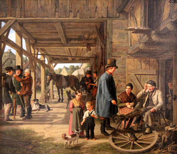Dorfkrug with wheelwright workshop painting (mid 1800s) by Ludwig August Most at Pomeranian State Museum. Greifswald, Germany.