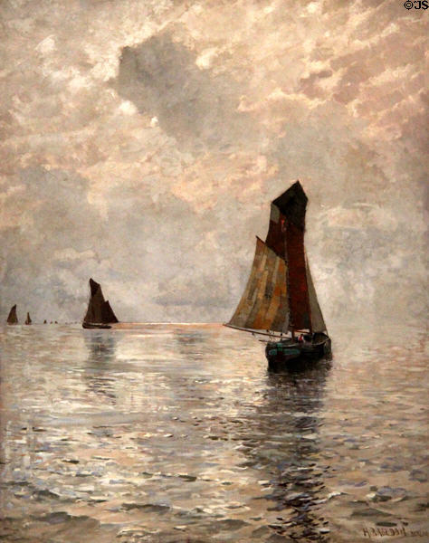 Deep sea fishing sailboats painting (1896) by Heinrich Basedow the Elder at Pomeranian State Museum. Greifswald, Germany.