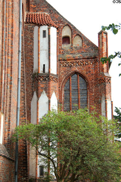 Brick Gothic buttress of St. Mary's Church. Greifswald, Germany.