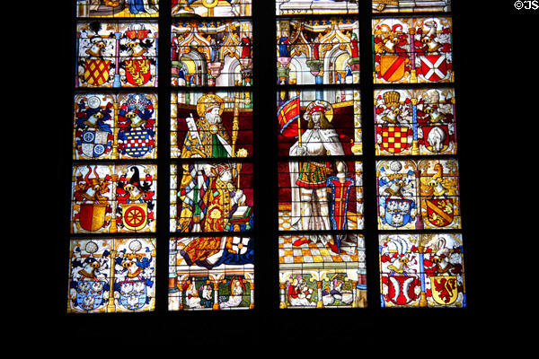 Stained glass window with St Peter & Germanic knight in Köln Cathedral. Köln, Germany.