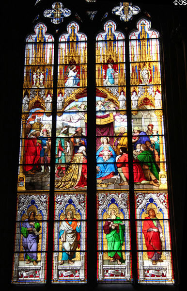 Stained glass windows depicting the Nativity at Köln Cathedral. Köln, Germany.