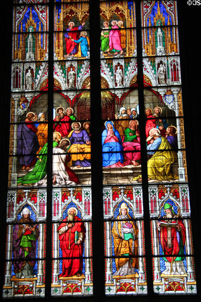 Stained glass windows (1848) depicting the Four Doctors of the Church under scene of Virgin Mary at Köln Cathedral. Köln, Germany.