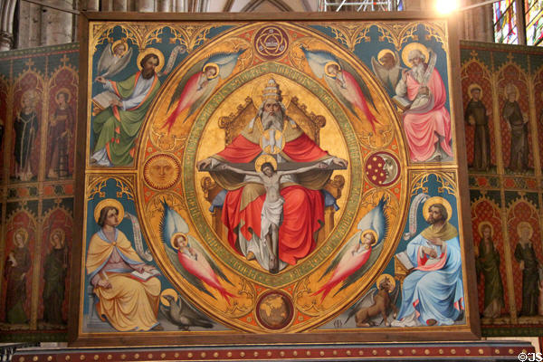 Holy Trinity surrounded by four Evangelists & their symbols painting at Köln Cathedral. Köln, Germany.