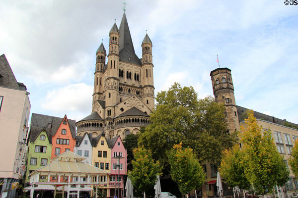 Towers of Great St. Martin church (1150-1250, restored 1985) with Fischmarkt area in foreground. Köln, Germany.