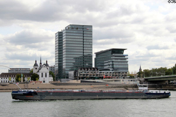 Barge traveling along Rhine River. Köln, Germany.