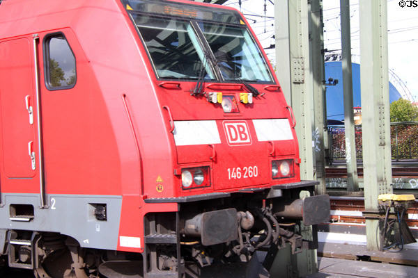 DB passenger train locomotive on Hohenzollern Bridge. Köln, Germany.