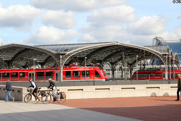 Trains waiting under Köln Central Station glass canopy. Köln, Germany.