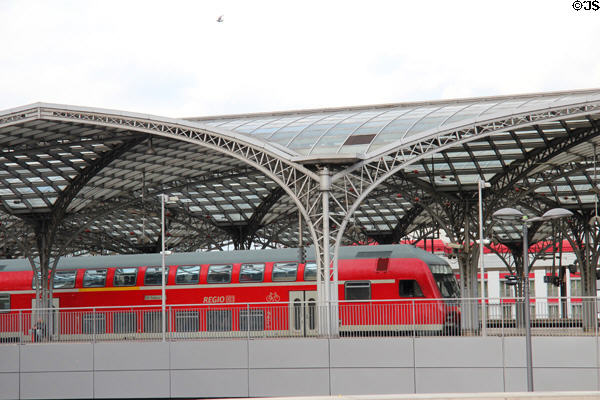 Regional train under Köln Central Station glass canopy. Köln, Germany.