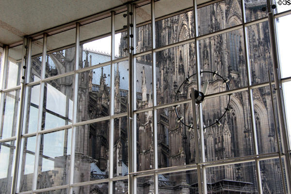 Köln Cathedral seen through glass wall at Köln Central Station. Köln, Germany.