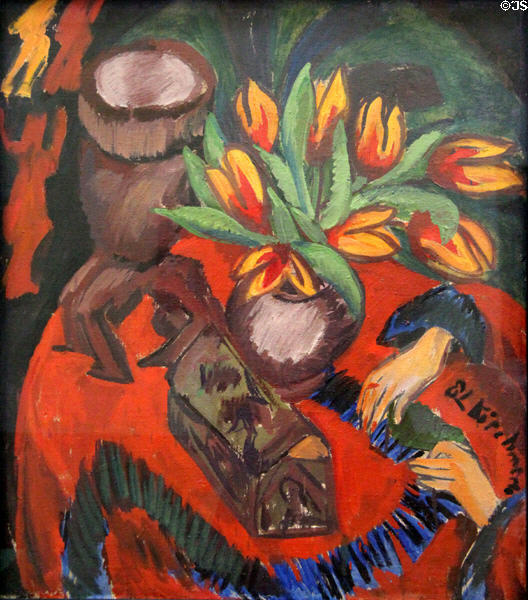 Still Life with Tulips, Exotica & Hands painting (1912) by Ernst Ludwig Kirchner at Ludwig Museum. Köln, Germany.