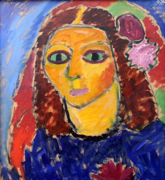 Head of a Woman with Flowers in her Hair painting (1911) by Alexej Von Jawlensky at Ludwig Museum. Köln, Germany.