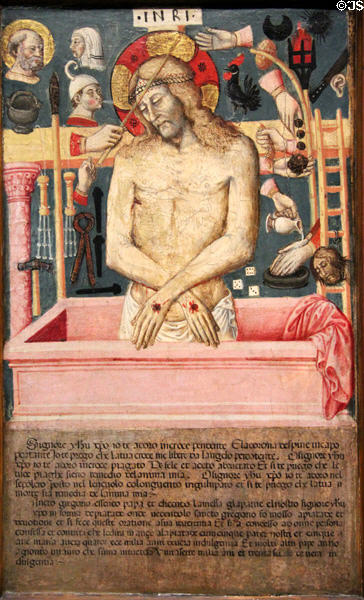 Christ as Man of Sorrows painting (4th quarter of 15thC) with symbols of crucifixion from Umbria at Wallraf-Richartz Museum. Köln, Germany.