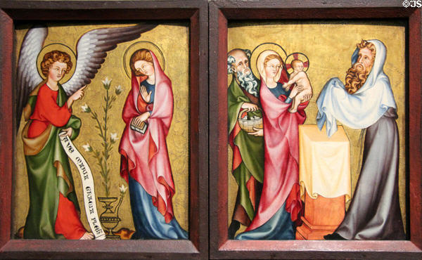 Two panels of Triptych of Virgin Mary painting (c1300) Köln at Wallraf-Richartz Museum. Köln, Germany.