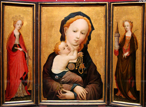 Triptych of Madonna with Sweet Pea Flower flanked by Sts Catharine & Barbara paintings (c1395-1415) by Master of St Veronica in Köln at Wallraf-Richartz Museum. Köln, Germany.