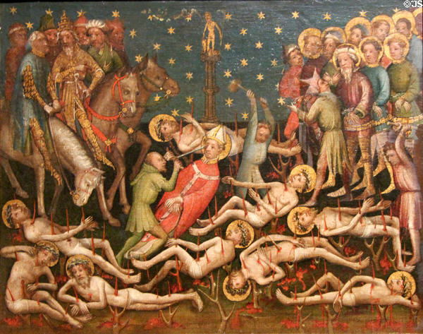 Martyrdom of the Ten Thousand painting (c1400-20) by Master of the Small Passion in Köln at Wallraf-Richartz Museum. Köln, Germany.
