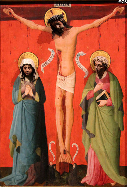Christ on the Cross between Mary & John sculpture & painting (1425-35) in Köln at Wallraf-Richartz Museum. Köln, Germany.
