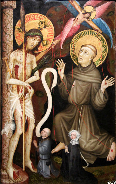 Christ as Man of Sorrows, St Francis & two Donors painting (c1420) by Meister der Lindauer Beweinung at Wallraf-Richartz Museum. Köln, Germany.