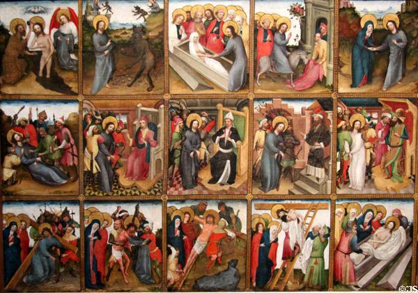 15 scenes from Life & Passion of Christ painting (c1430-35) by Meister der Passionsfolgen in Köln at Wallraf-Richartz Museum. Köln, Germany.
