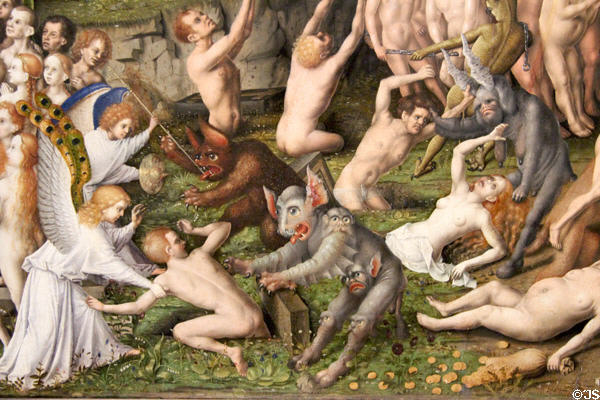 Detail with the wicked being dragged into Hell of The Last Judgment painting (c1435) by Stefan Locher at Wallraf-Richartz Museum at Wallraf-Richartz Museum. Köln, Germany.
