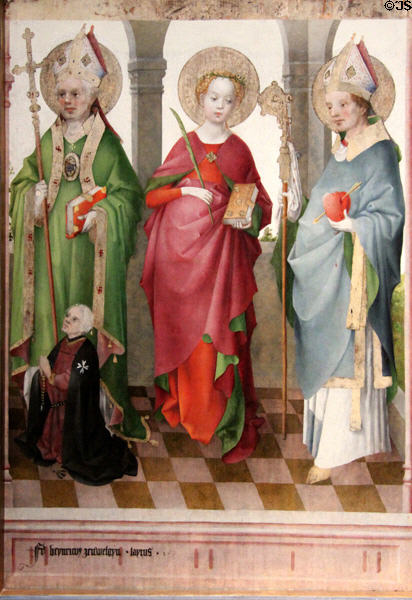 Sts. Ambrose, Cecilia & Augustine with Donor painting (c1445-50) by Stefan Lochner at Wallraf-Richartz Museum. Köln, Germany.