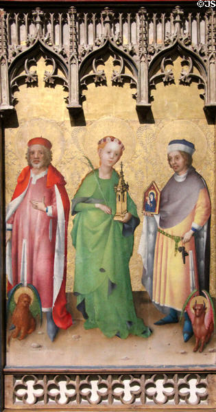 Sts. Mark, Barbara & Luke painting (1445-50) by Stefan Lochner at Wallraf-Richartz Museum. Köln, Germany.
