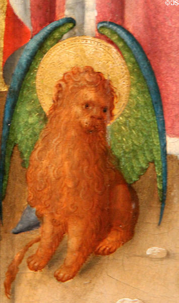 Detail of multi-colored lion representing St Mark from Sts Mark, Barbara & Luke painting (1445-50) by Stefan Lochner at Wallraf-Richartz Museum. Köln, Germany.