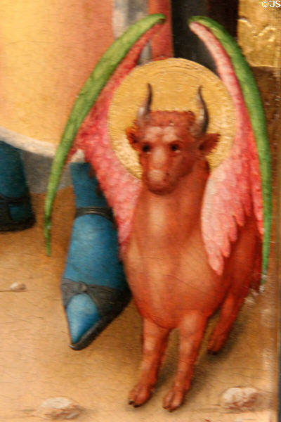 Detail of multi-colored bull representing St Luke from Sts Mark, Barbara & Luke painting (1445-50) by Stefan Lochner at Wallraf-Richartz Museum. Köln, Germany.