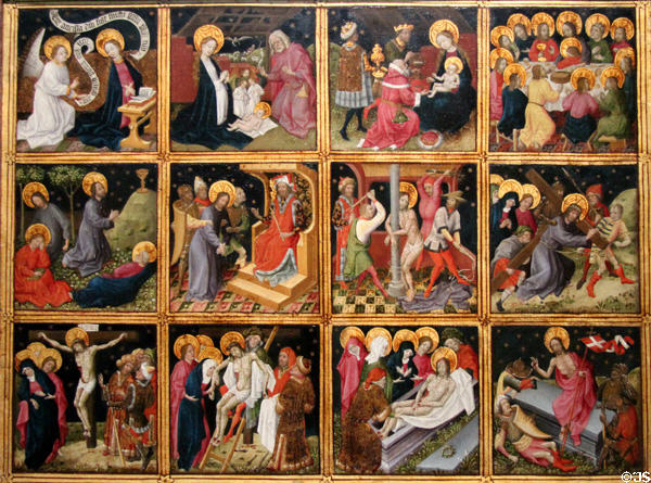 Devotional picture with 12 Scenes of the Life of Christ painting (c1450-60) from Köln at Wallraf-Richartz Museum. Köln, Germany.