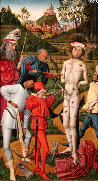 The Martyrdom of St Sebastian painting (c1475) from inner wing of triptych at Wallraf-Richartz Museum. Köln, Germany.