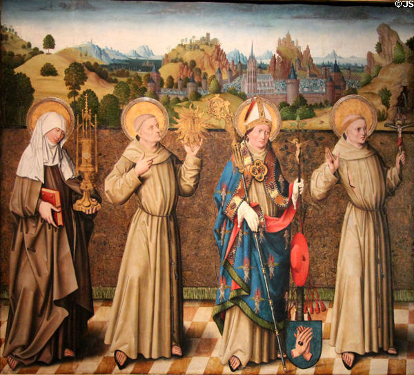 Sts. Clare, Bernard, Bonaventure & Francis painting (c1480) with Köln in the background by Meister der Verherrlichung Mariae in Köln at Wallraf-Richartz Museum. Köln, Germany.