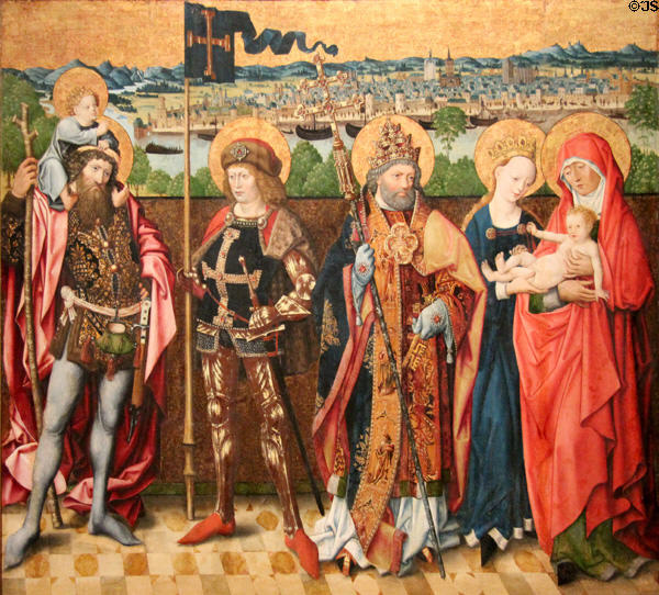 St Anne, Virgin & Christ Child with Sts Christopher, Gereon & Peter painting (c1480) with Köln in the background by Meister der Verherrlichung Mariae in Köln at Wallraf-Richartz Museum. Köln, Germany.
