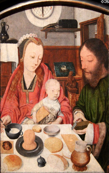 The Holy Family at Table painting (c1495-1500) with symbols of the life of Christ by Jacob Jansz at Wallraf-Richartz Museum. Köln, Germany.