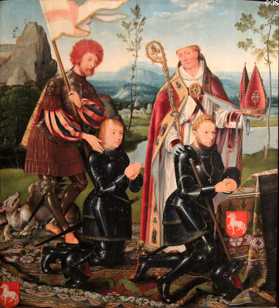 Triptych left wing with male worshippers of Death of Mary painting (1515) by Joos van Cleve, Antwerp at Wallraf-Richartz Museum. Köln, Germany.