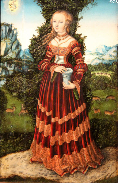 St Mary Magdalene painting (1525) with references to her future life by Lucas Cranach, the Elder at Wallraf-Richartz Museum. Köln, Germany.