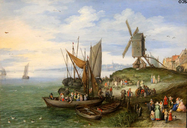 The Mill at the Pier painting (1613) by Jan Brueghel the Elder at Wallraf-Richartz Museum. Köln, Germany.