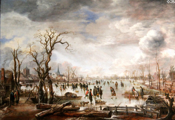 Winter Landscape with Skating & Hockey on Ice painting (1655) by Aert van der Neer at Wallraf-Richartz Museum. Köln, Germany.