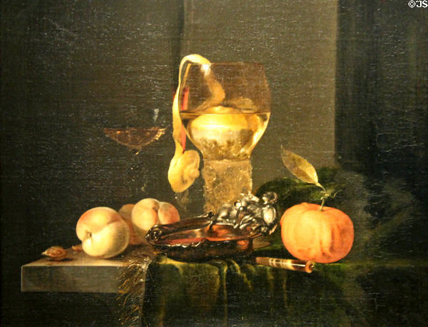 Still Life with Silver Dish painting (1658) by Willem Kalf at Wallraf-Richartz Museum. Köln, Germany.