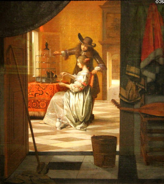 Young Couple with a Parrot painting (1675-78) by Pieter de Hooch at Wallraf-Richartz Museum. Köln, Germany.