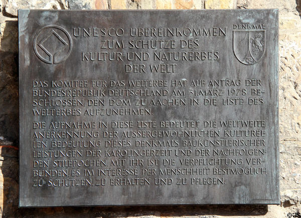 Plaque announcing Aachen Cathedral's status as a World Heritage site. Aachen, Germany.