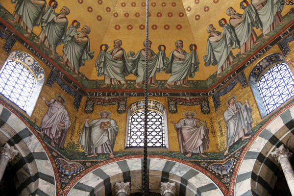 Details of mosaic of Elders from Apocalypse of St John offering their crowns to Christ above gallery in Palatine Chapel at Aachen Cathedral. Aachen, Germany.