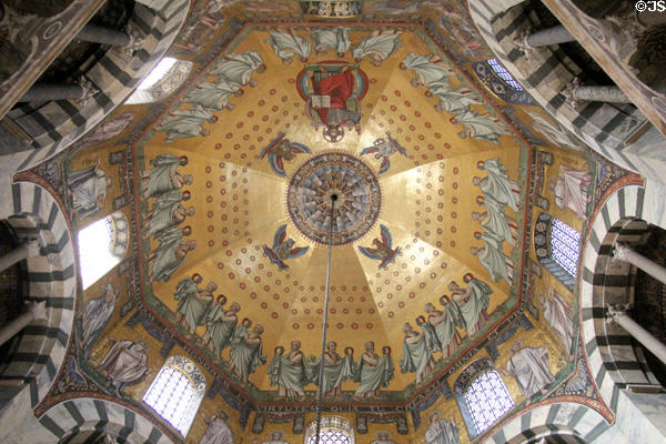 Mosaic ceiling with Christ enthroned, symbols of the four Evangelists & Elders from Apocalypse of John offering their crowns to Christ under dome of Palatine Chapel at Aachen Cathedral (original c800, redone 1880). Aachen, Germany.