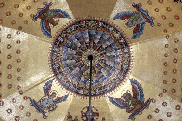 Symbols of the four Evangelists surrounding center medallion on dome of Palatine Chapel at Aachen Cathedral. Aachen, Germany.