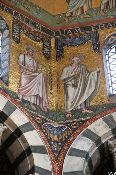 Mosaic including St James Major & St Peter carrying the Keys to the Kingdom in Palatine Chapel at Aachen Cathedral. Aachen, Germany.