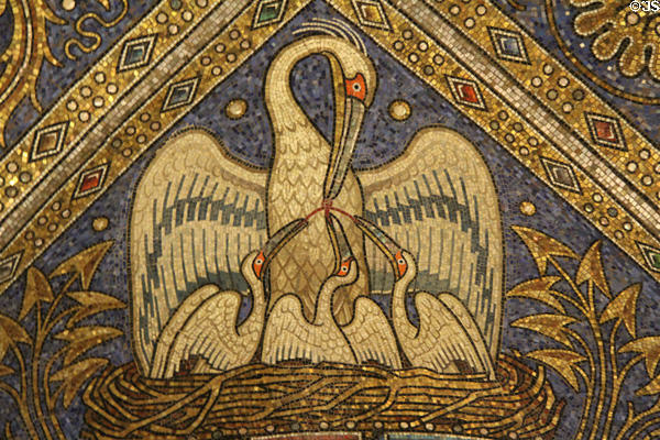 Mosaic depicting pelican feeding young with her own blood - symbol of self-sacrifice in Palatine Chapel at Aachen Cathedral. Aachen, Germany.