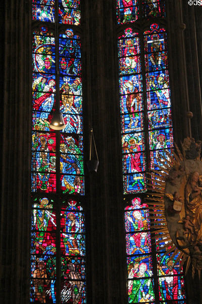 Stained glass windows in Choir of Aachen Cathedral. Aachen, Germany.
