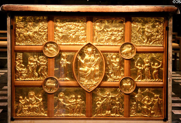 Pala d'Oro (c1020), gold altar front with scenes from Passion centered by Christ in Majesty with medallions containing symbols of Four Evangelists in Palatine Chapel at Aachen Cathedral. Aachen, Germany.