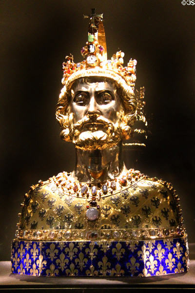 Silver-gilt bust of Charlemagne (prior to 1349), with precious stones & containing Charlemagne relic at Aachen Cathedral Treasury. Aachen, Germany.