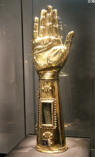 Gilded silver Arm Reliquary of Charlemagne (1481) at Aachen Cathedral Treasury. Aachen, Germany.