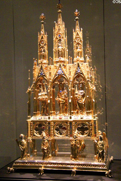 Gilded silver Chapel Reliquary with Virgin Mary & Child, Charlemagne & St Catherine at Aachen Cathedral Treasury. Aachen, Germany.