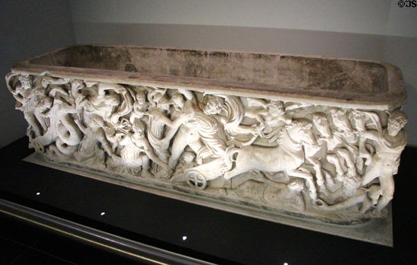 Carrara marble sarcophagus carved with abduction of Proserpina (1st quarter 3rdC), Rome, in which Charlemagne was originally buried, at Aachen Cathedral Treasury. Aachen, Germany.